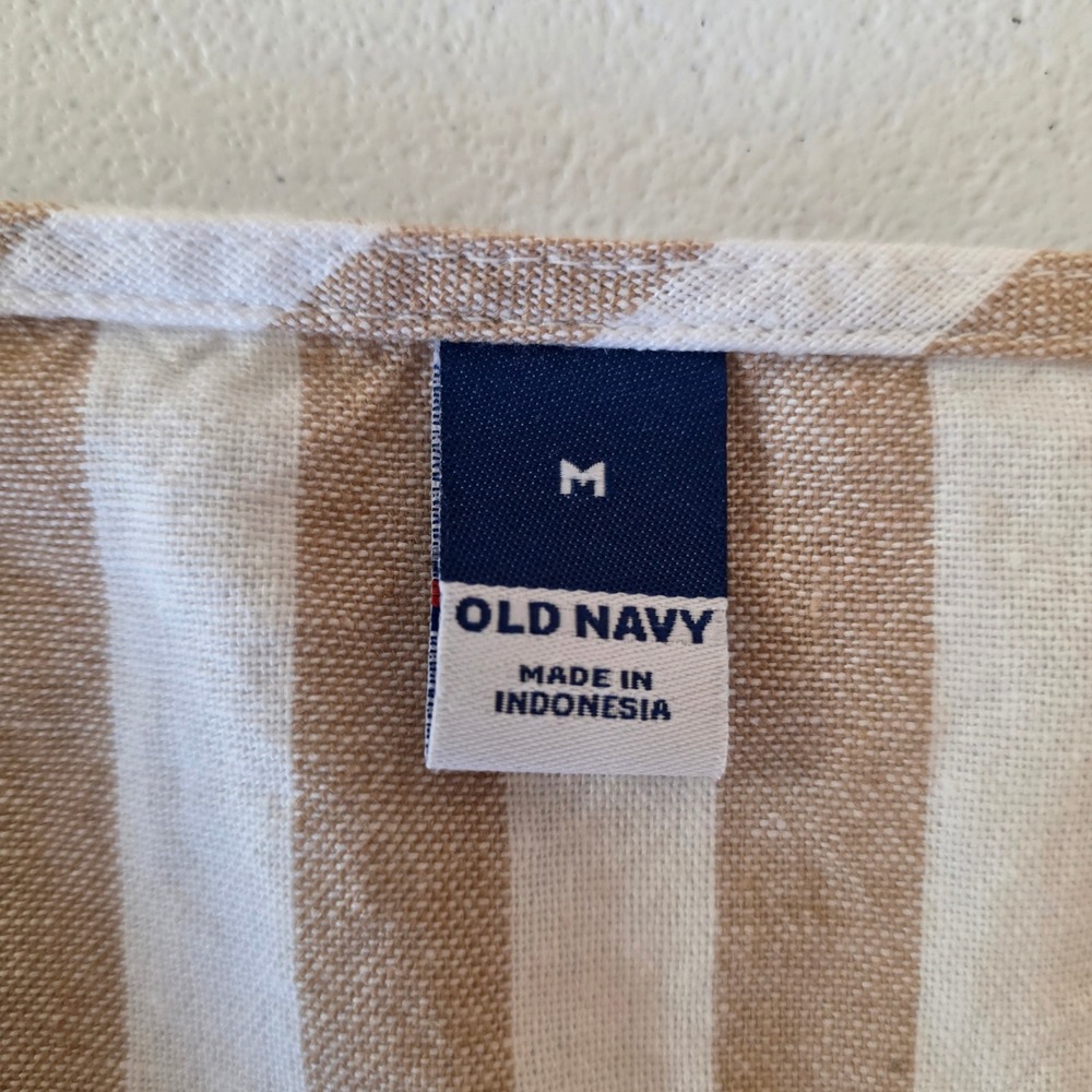 Old Navy Midi Dress Womens Medium Tan Striped Linen Blend Lace Up Back Pockets - Picture 9 of 10